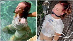 BOUND WATER TEASING WITH GAGGED JINA - transparented wet Jina's panties and croptop, tied up girl in pool, hard breath