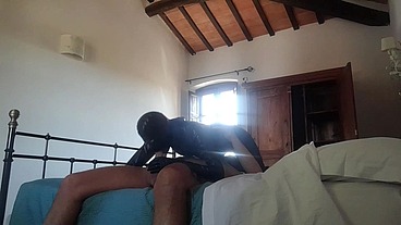 25 minutes of fetish sucking and fucking action in latex condom catsuit and high heels
