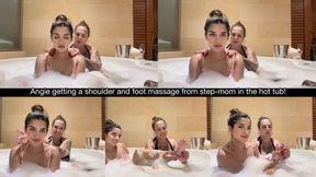 Angie getting a shoulder and foot massage from step-mom in the hot tub!