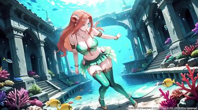 Red-haired Mermaid Princess caught in the Underwater Palace green bikini dripping wet