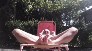 Ole Fellow Sunbathing on the Lounge Showcasing Soles, Naked, and Feet, Jizm on my Soles!