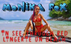 Hot Monika Fox in See-through Red Lingerie on Beach