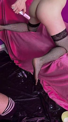 Feeding Time for the Fat Pig Mistress Irena Mur Feeds Her Slave Banana and Strawberry Milk Straight From Her Ass