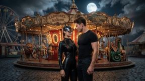on a hot night, a beautiful woman in a mask decides to have sex at the fair until she receives a load of semen on her butt - content generated by ai