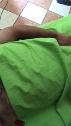Big bearded and hairy bear wanking rubbing the bed sheet on his hard and wet cock. Beautiful Agony
