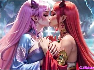 VIDEO, The queen ask 2 cuties for Kiss and bouncing breast, Ai animation