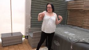 mom strips off in white top leggings bra and knickers