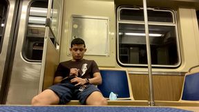 twink sprays cum in public train