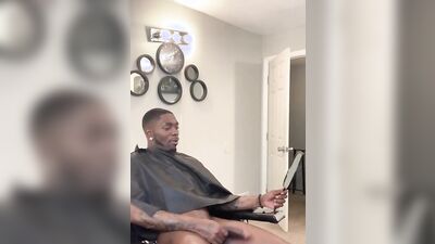 Fit black hairdresser gives a haircut naked before a threesome