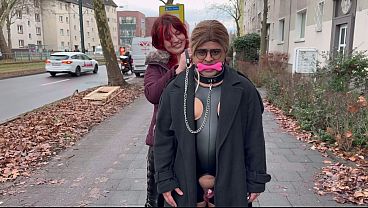 Exhibitionist Domme &amp_ Humiliated Sub: Queen Elena Flashes, Then Gags &amp_ Walks Sissy Femme Sandy