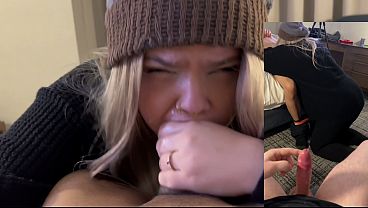 Hot wife gets a sloppy blowjob in a hotel room