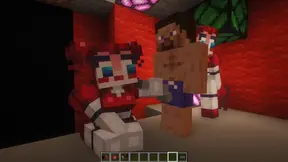 Redhead teen robot gives handjob to big cock in Minecraft