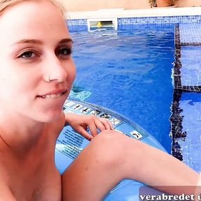 German skinny amateur teens have ffm threesome outdoor in pool POV