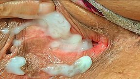 Huge load of sperm dripping down my wide open pussy, black cock busting nut close up, best and most viewed jerking off porn