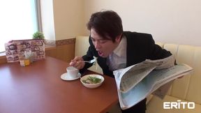 Busty Japanese waitress gets a pounding in multiple positions