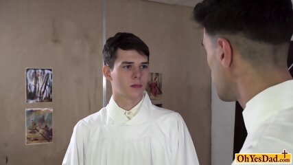 Twink fills his mouth with old priests cock and fucked