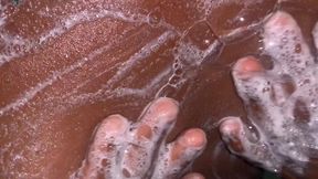 Hot petite Ebony babe enjoys Solo Moment in the bathroom caressing her small boobs