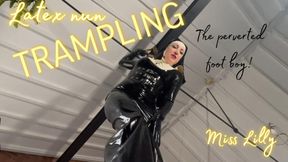 Mother Lilly, the latex nun, trampling the perverted footboy!!!