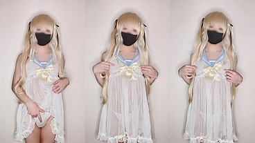 Cute Femboy in Seifuku Dress Rubs Her Dick