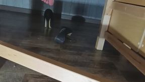 Office lady, caressing feet.