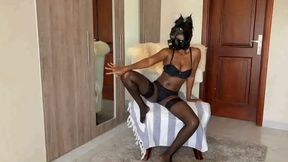 Gas mask striptease all the way to finger play and lotion on boobs.