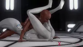 Sexy sci-fi female alien plays with a black Chick in the space station