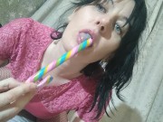 she sucks a pop and shoves it in her hairy pussy GinnaGg