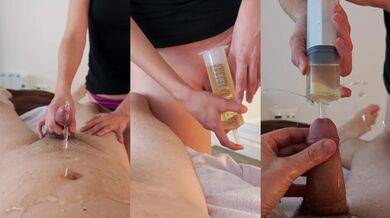 Piss injection. She injects her piss into his urethra.