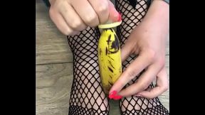 I put a condom on the banana and do hard footjob