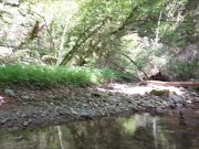 Nude Walk at a Public Campfire, Barefoot in the Creek and Risky Cum on the Trail Bridge