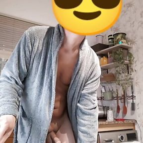 Rafael shows off in his bathrobe and jerks off his cock