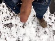 Cumming while walking in the frozen land