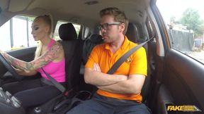 Fake Driving School Big Breasted Blonde MILF with lots of Tattoos likes it ROUGH