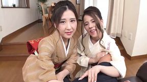 Japanese babes Ciel and Emi in kimono share cocks & cum buckets