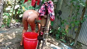I fucked my village stepsister outside while she was taking a bath.