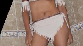 cosplay sexy photoshoot. big tits model in aboriginal costume and man s shirt