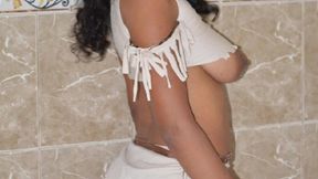 cosplay sexy photoshoot. big tits model in aboriginal costume and man s shirt