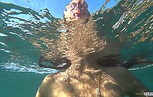 Goldteachers, naked model swims on a public beach in ru