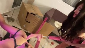 Big dildo in opening gape asshole, Femdom Pegging over moaning Femboy, fast sex machine, FETISH, BDSM