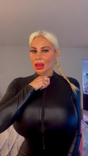 Wearing my black zipper catsuit 
. Come watch me get naked for u baby
