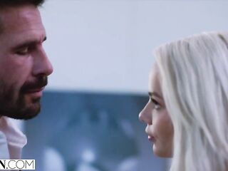 Glamorous golden-haired escort cutie, Elsa Jean is having sex solely with her messy rich clients
