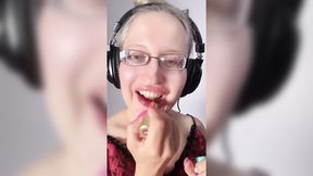 Blonde Glasses Girl Licking and Chewing Blueberries