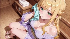 blonde boss in a wet purple robe! languidly switching between the japanese garden and her private bedroom. she lies on her side, looks back, and touches her chest with a hazy, shy gaze. sunlight hits