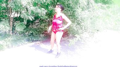 Public park yoga biker babe gets stuffed outdoors