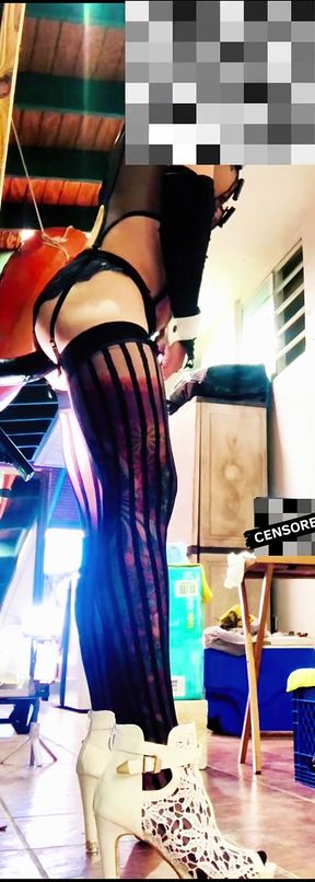Sexy Transgender Black Stocking Riding Anal Dildo at the Wall