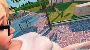 Creepy 3D futanari chick nails dudes at the pool