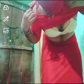 Indian Gay Crossdresser Gauri Sissy XXX Video Call in Red Saree Showing His Boobs and Bra Strap