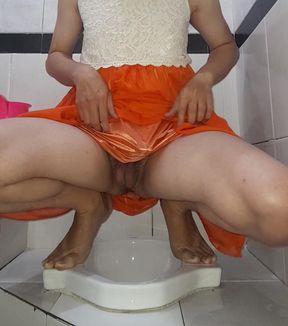 Asian Crossdresser Cumming Wearing Silk Chiffon Dress In Public Toilet