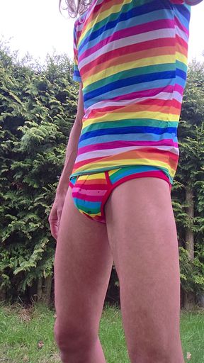 Skinny boy in tight shorts plays with his big cock and must piss. Huge fountain of piss in your face