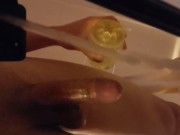 Nude twink wanks his big hard dick with an oiled Fleshlight, cums on a mirror, moans in the bathroom